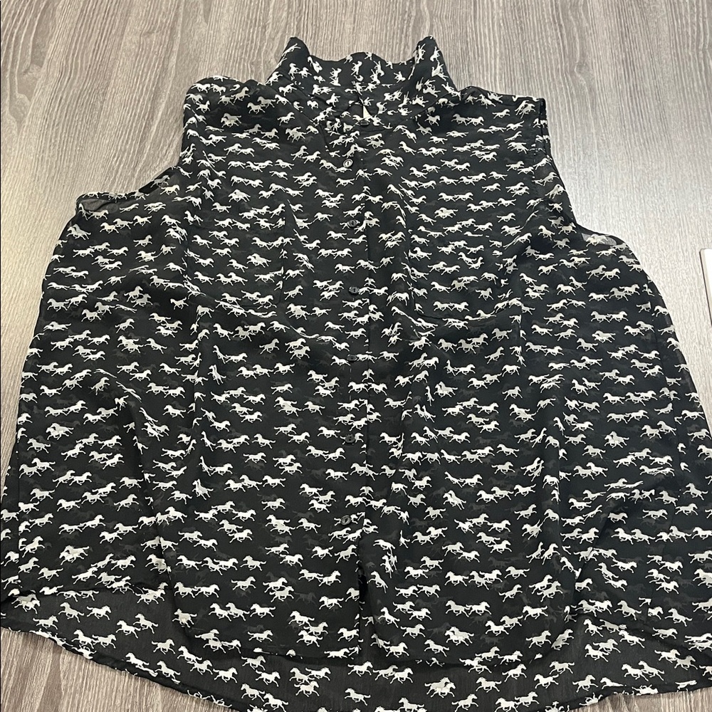 Black and White Horse Print Sheer Women's Top